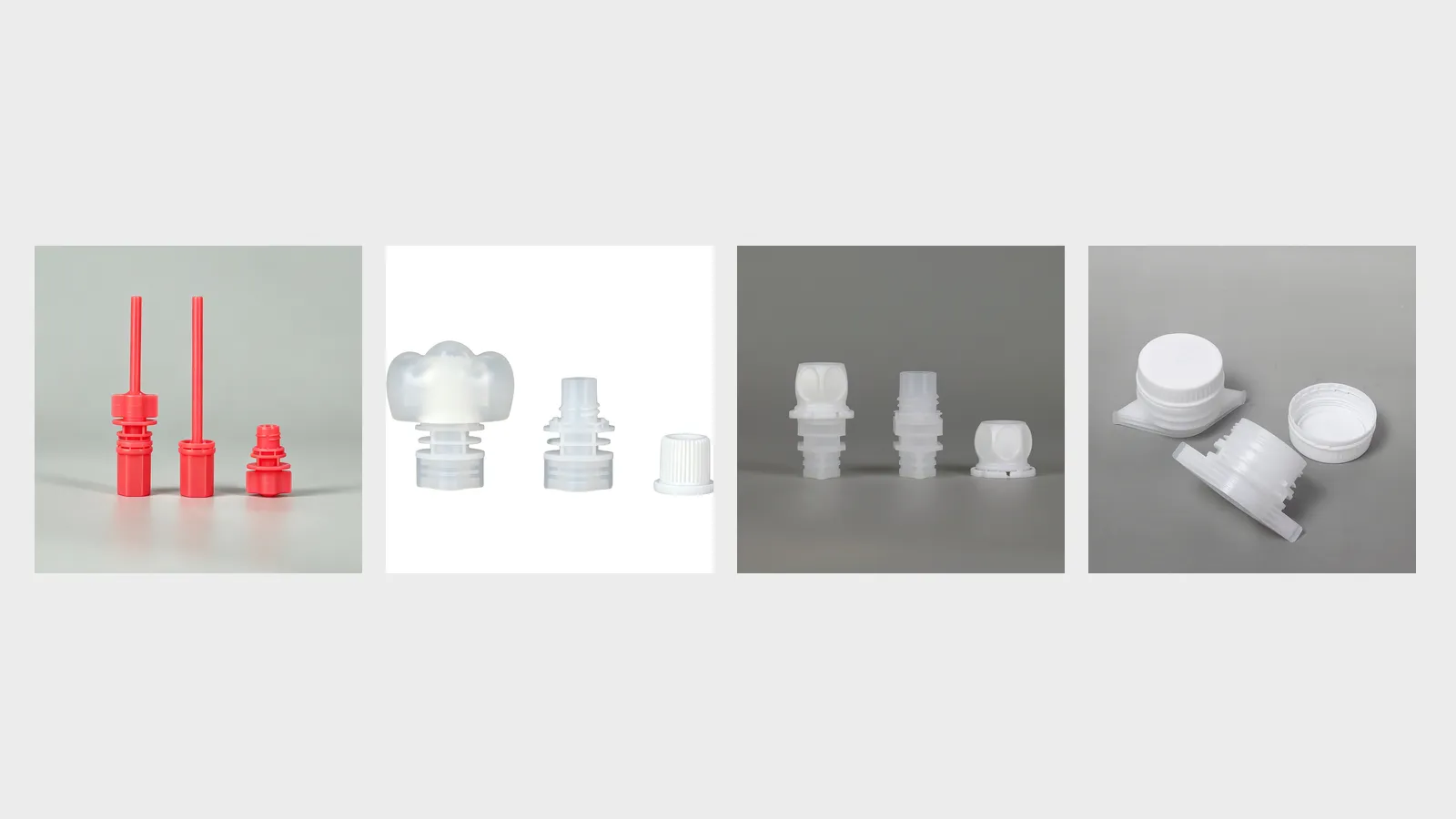 Row of plastic spout caps for stand-up pouches arranged by increasing inner diameter