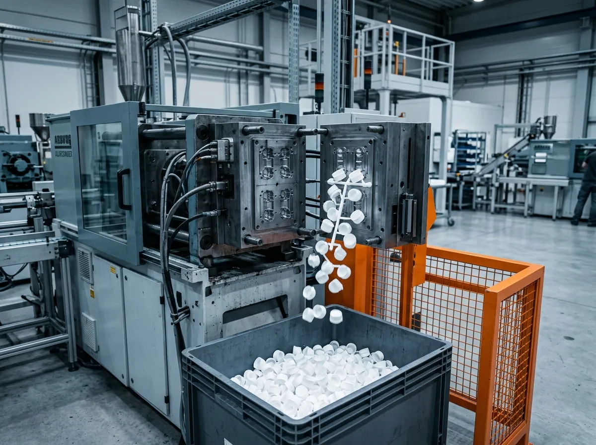 Injection molding line running white plastic spout caps for stand-up pouches