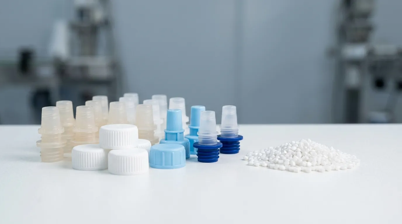 Food-grade plastic spout caps for stand-up pouches in different resin grades: translucent PP spouts, white PE caps and raw resin pellets