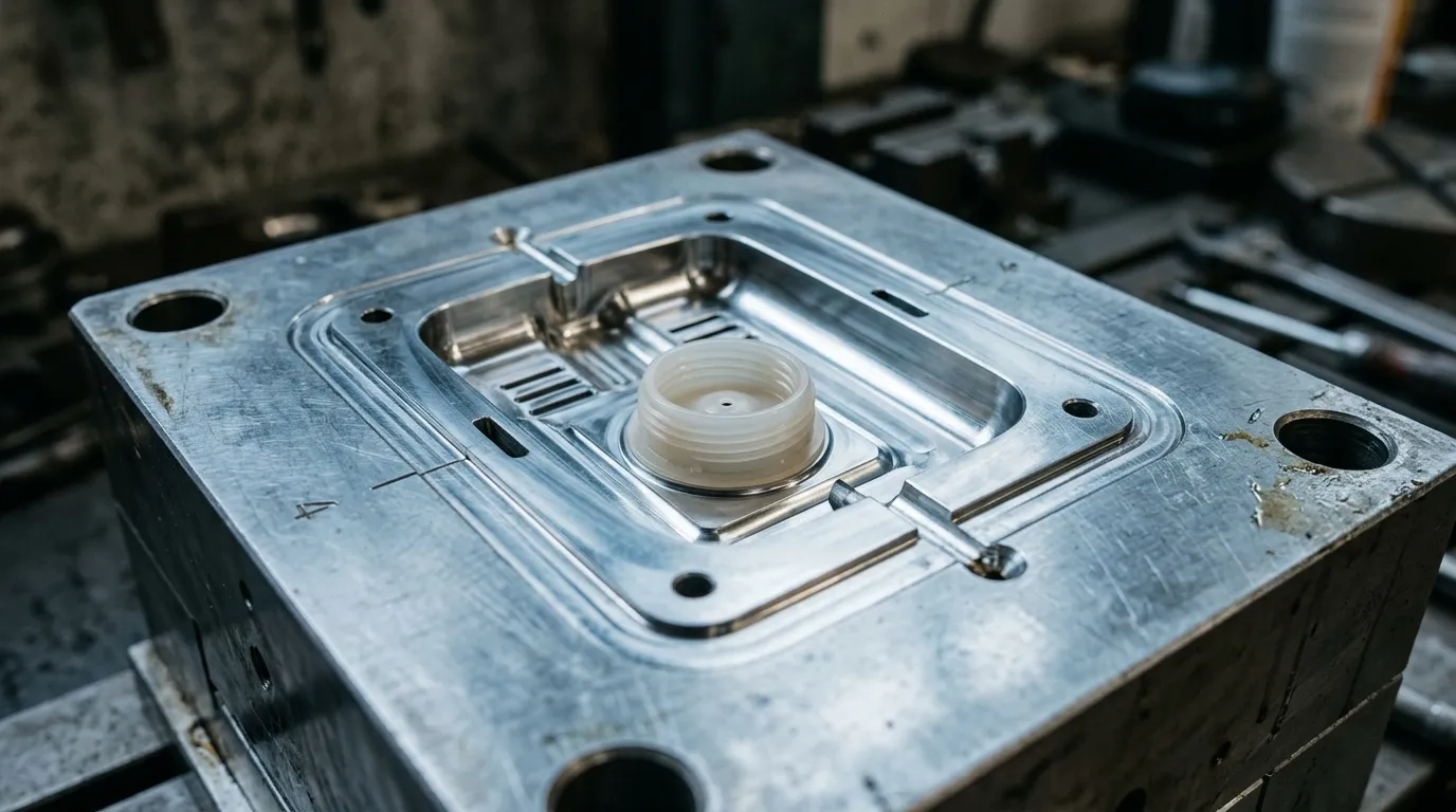 Close-up of a spout cap injection mold cavity with finished pouch spout caps, showing the steel core and cavity detail