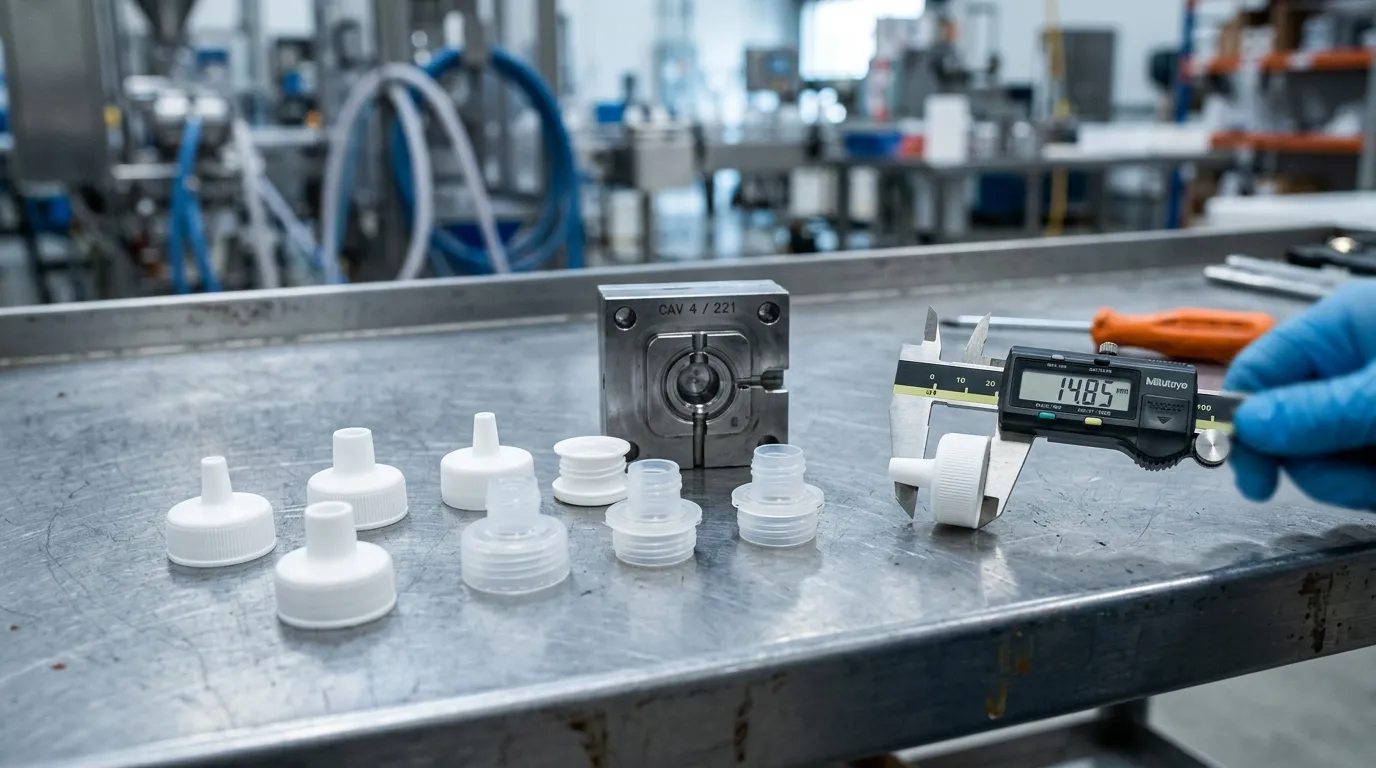 Mold trial samples of custom spout caps for stand-up pouches laid out for dimensional and sealing inspection