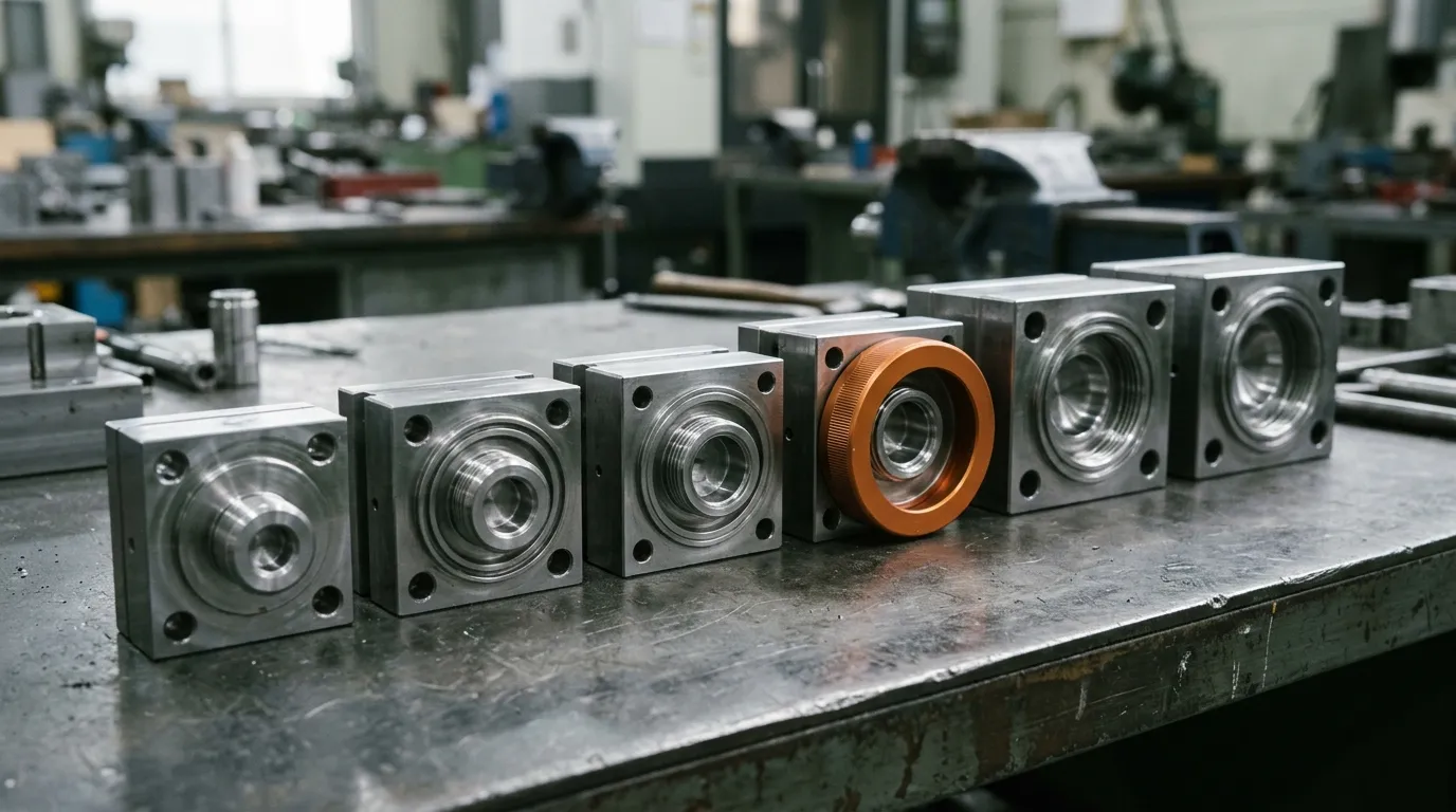 Interchangeable spout cap mould cores and cavities laid out on an inspection bench