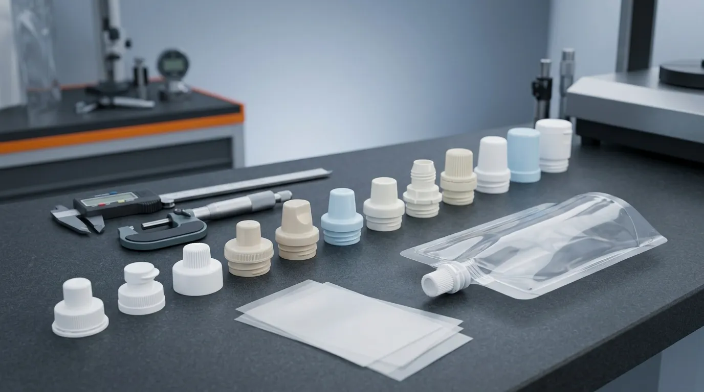 Row of molded spout caps for stand-up pouches beside a clear doypack sample and film swatches on an inspection desk