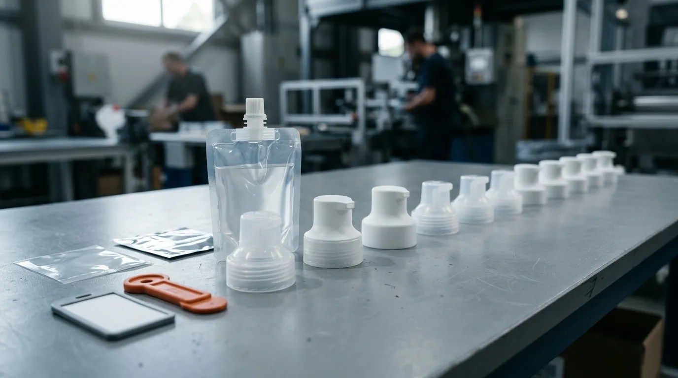 Row of spout cap models on an inspection table with a pouch sample and film swatches