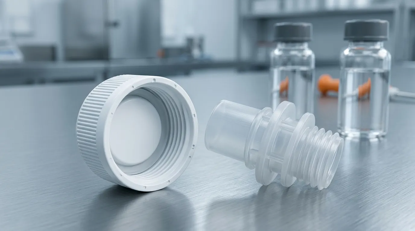Macro shot of a white food-grade spout cap and translucent spout base on a lab inspection table beside clear glass vials
