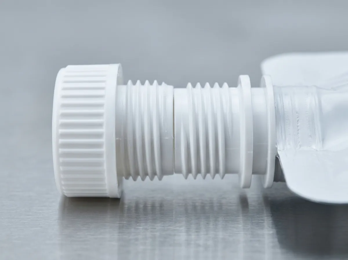 Close-up of a white screw cap and pouch spout neck showing thread pitch and engagement for a matched-pair leak check
