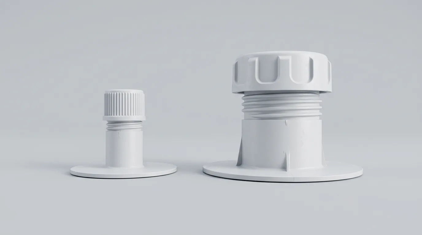 Two white plastic spout fitments on a light grey surface, a narrow screw-cap fitment beside a much wider one