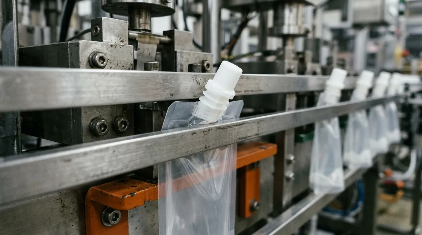 A white spout fitment caught at an angle against the guide rail of a pouch filling line, the shape of a stop that never reaches the log