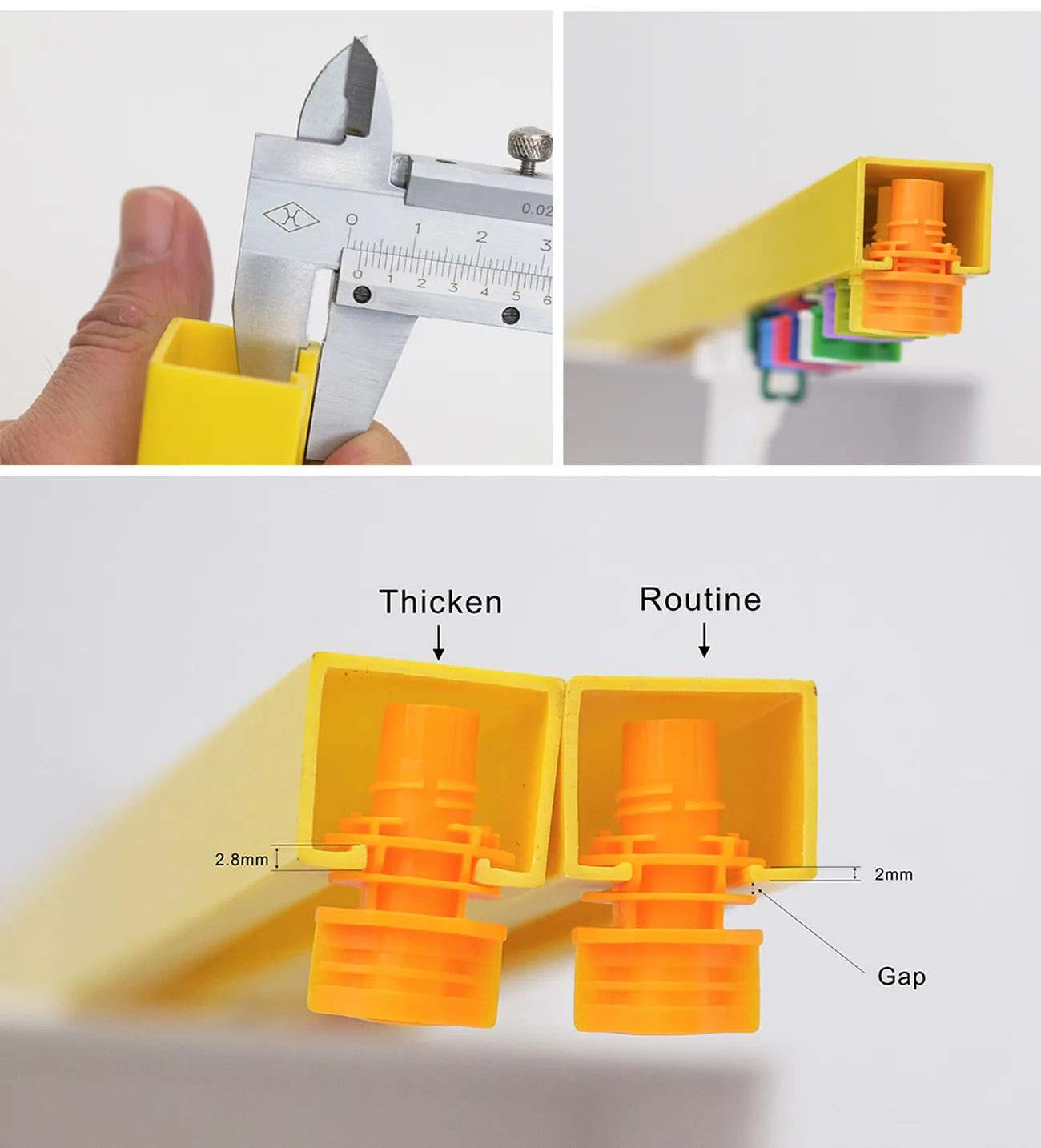 A yellow plastic guiding rail for stand-up pouch machines with a spout travelling along its channel, shown with a caliper measurement and a thicker-walled rail profile