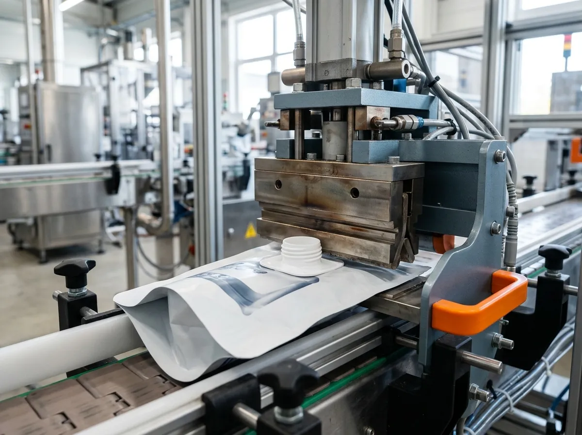 Spout sealing machine pressing a heated jaw onto the flange of a white plastic spout, fusing it into pouch film