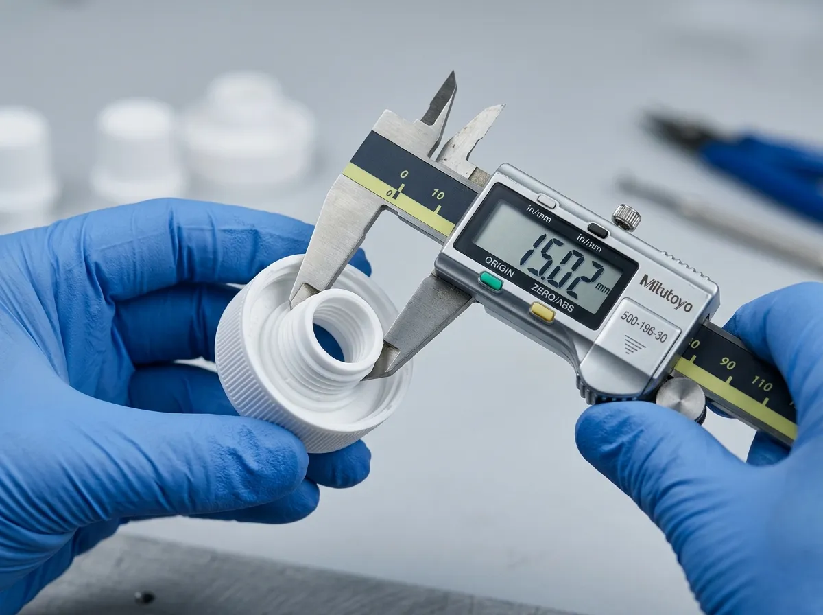 Digital caliper measuring the inner diameter of a plastic spout cap for a stand-up pouch