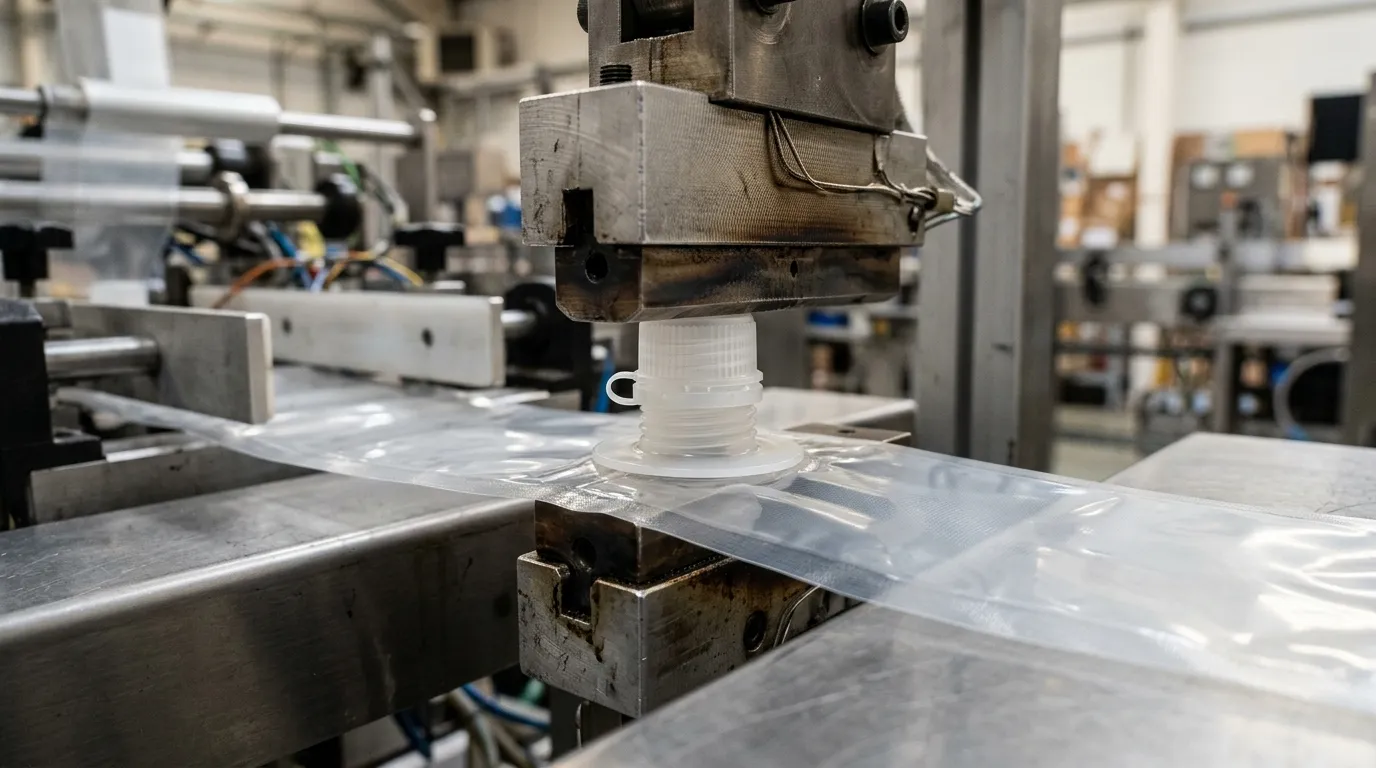 PE spout being welded onto heat-sensitive mono-material pouch film on a production line