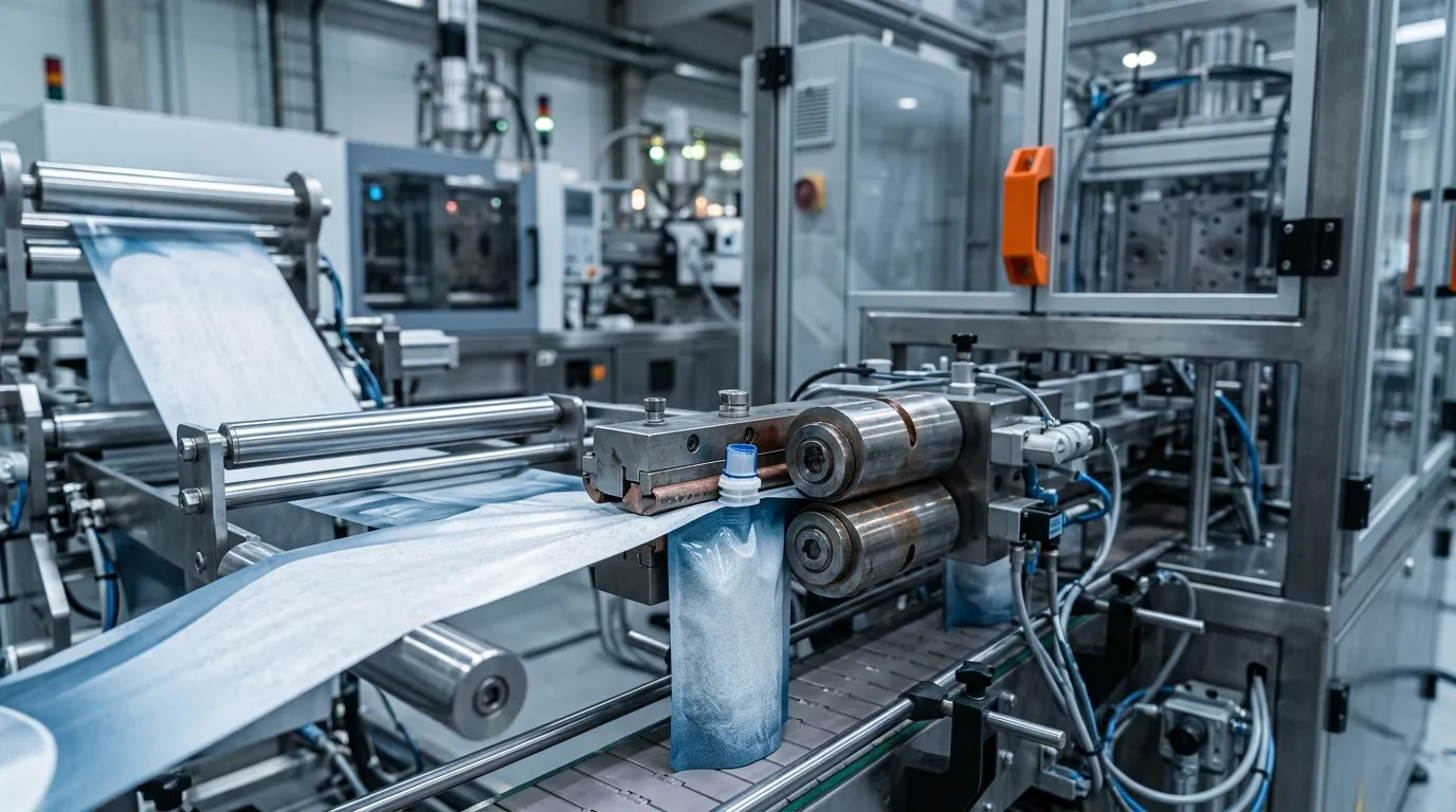 Spout cap being heat-sealed into a stand-up pouch film on an automated filling line, the cap-to-pouch interface