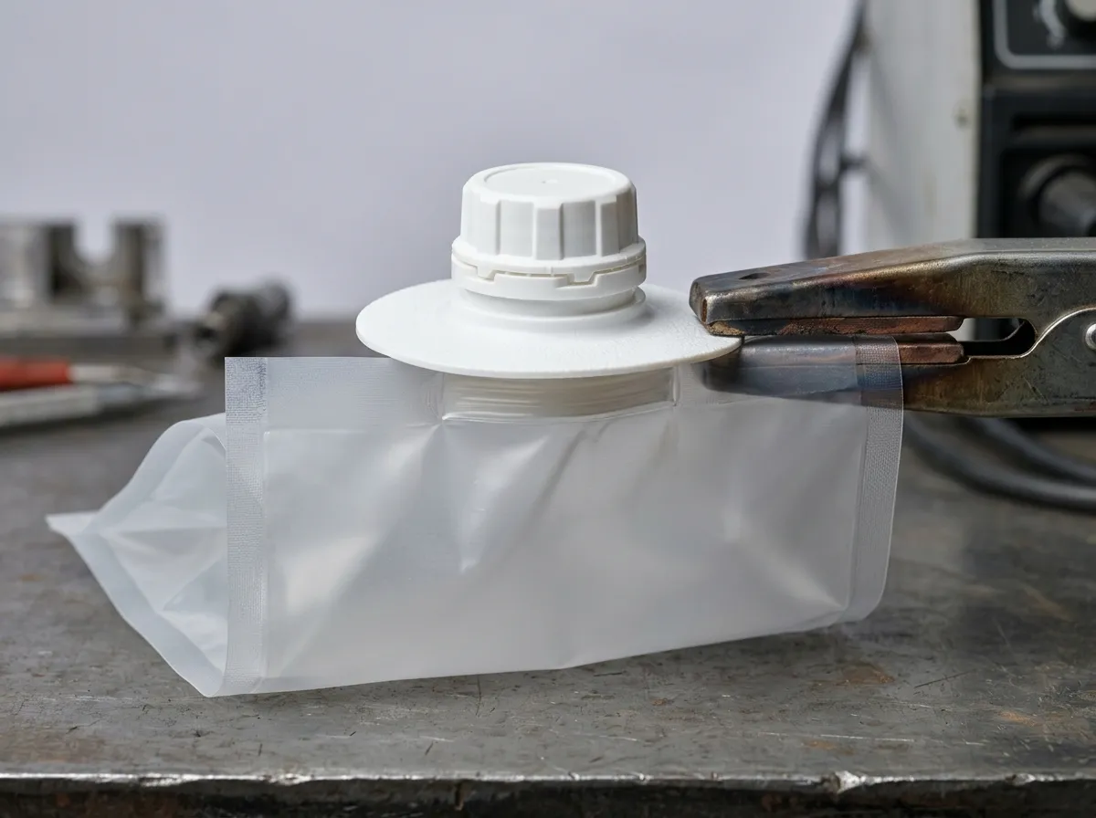 Large spout flange welded into the top seal of a stand-up pouch film