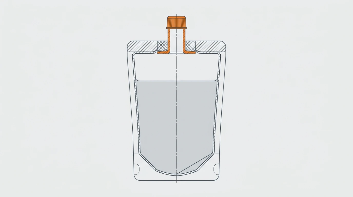 Section through a spouted pouch showing the structures gas must cross: film wall, gusset, top seal, flange weld ring, spout wall, cap seat
