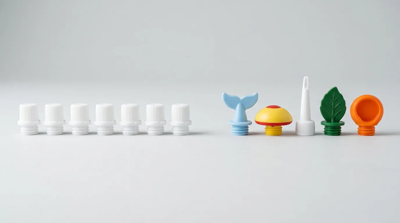 Plain standard spout caps beside custom-designed caps in whale-tail, anti-choking and slim cosmetic shapes for stand-up pouches