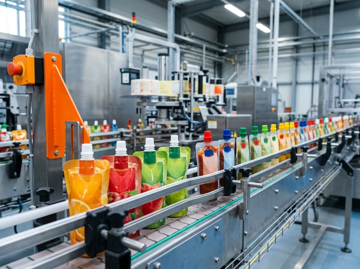 Finished stand-up pouches with plastic spout caps lined up on a packaging production line