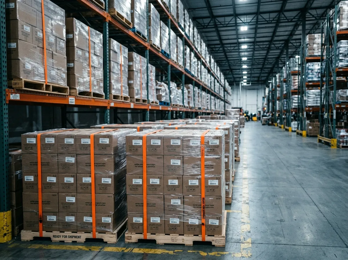 Cartons of stock plastic spout caps for stand-up pouches in a finished-goods warehouse, ready for dispatch