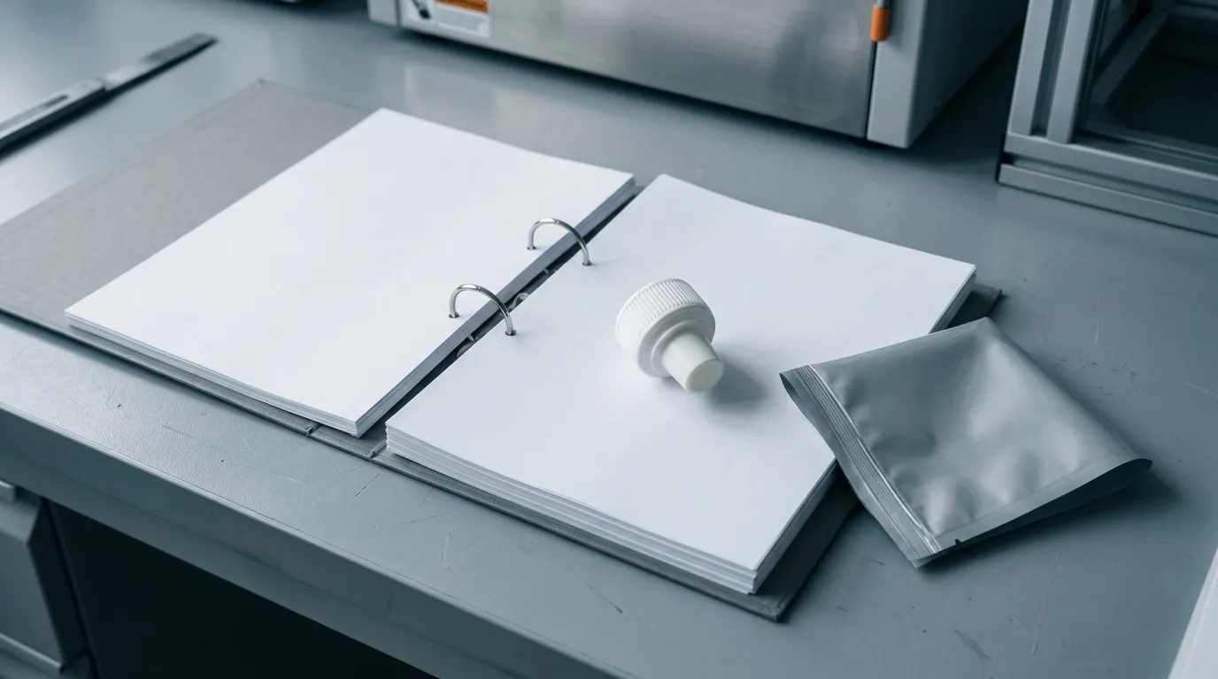 Technical documentation binder with specification sheets and a spout cap resting on top