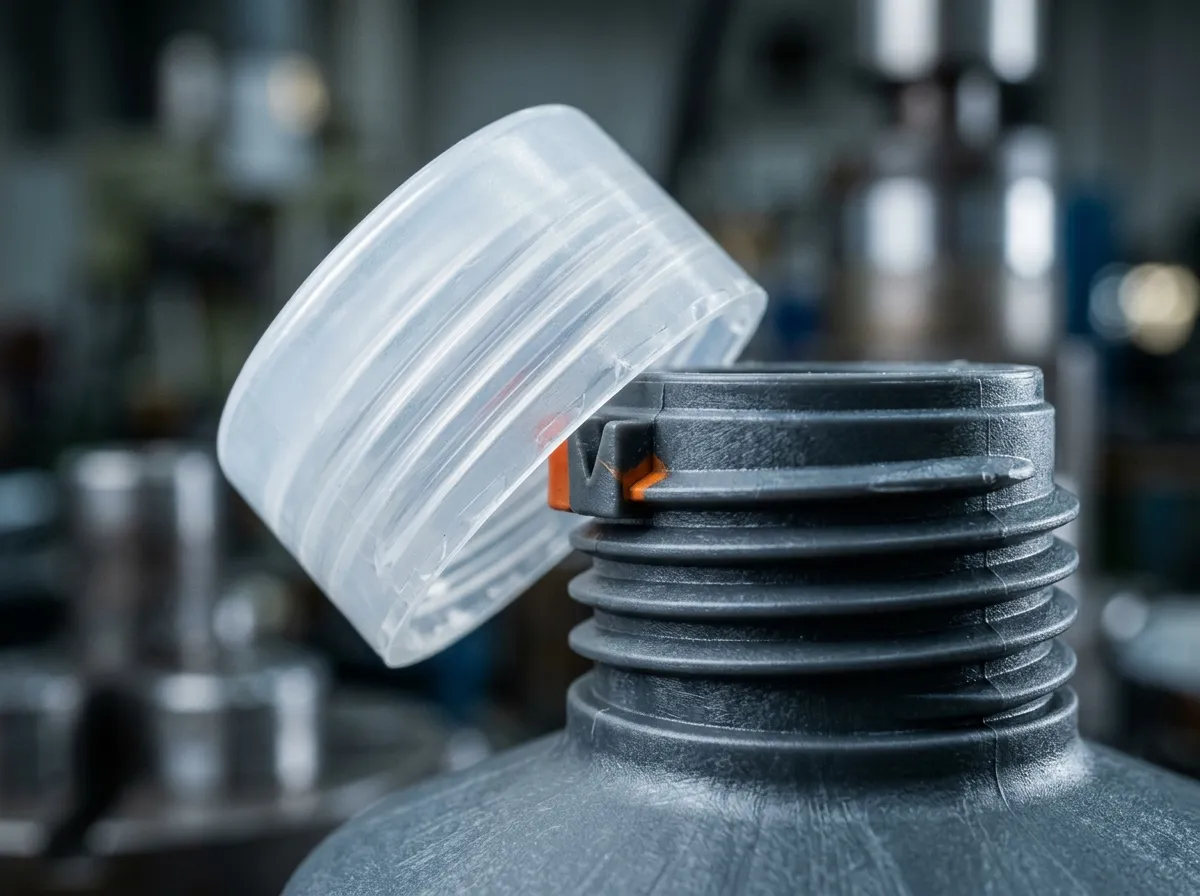 Close-up of a spout cap thread with a stop lug that prevents the cap from detaching