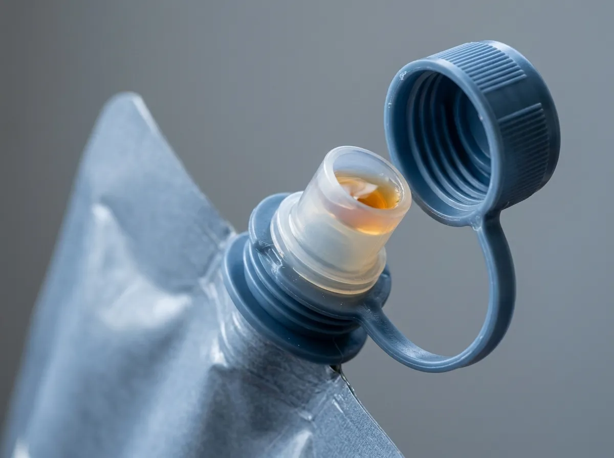 Tethered non-separated spout cap attached to a stand-up pouch